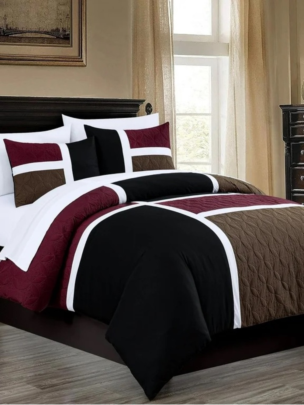 Modern Colorblock Comforter Set in Black, Burgundy & Brown - Home Bedding